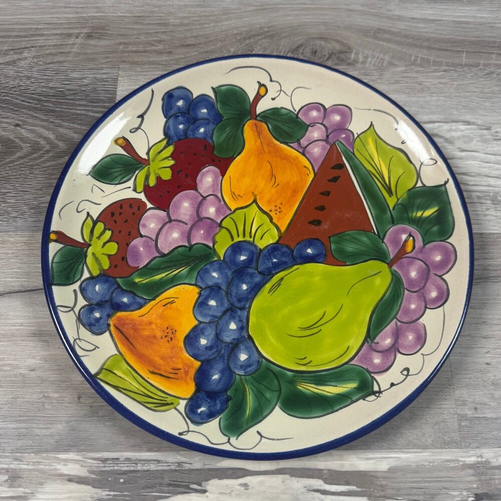 Vintage Mexican Hand Painted Fruit Plate Folk Art Hacienda Tuscan Pottery 11.5"
